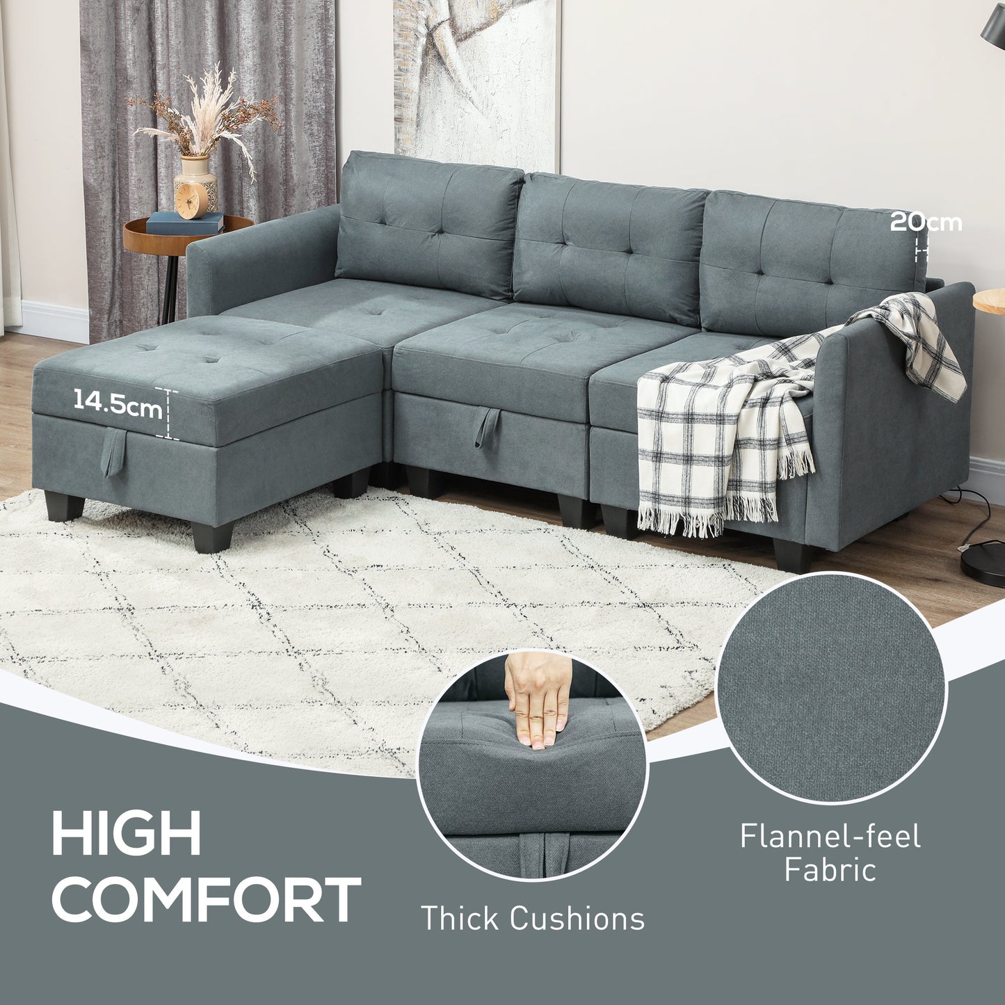 Vinole Rado Fabric Dark Grey Modular L ShaFauxd Sofa With Built In Storage