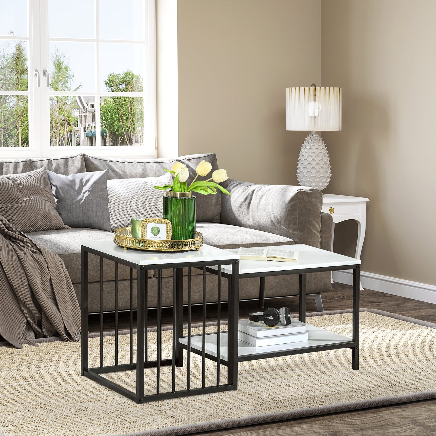Yoloba Metal And Wood White And Black Set Of 2 Marble Effect Nesting Coffee Tables