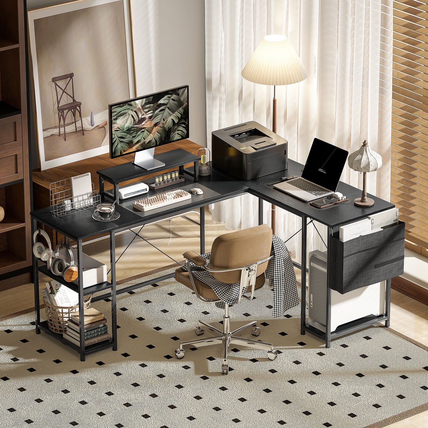 Kadoso 168cm Black Reversible Industrial L Shaped Desk With Adjustable Shelves And Monitor Stand
