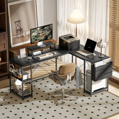 Kadoso 168cm Black Reversible Industrial L Shaped Desk With Adjustable Shelves And Monitor Stand