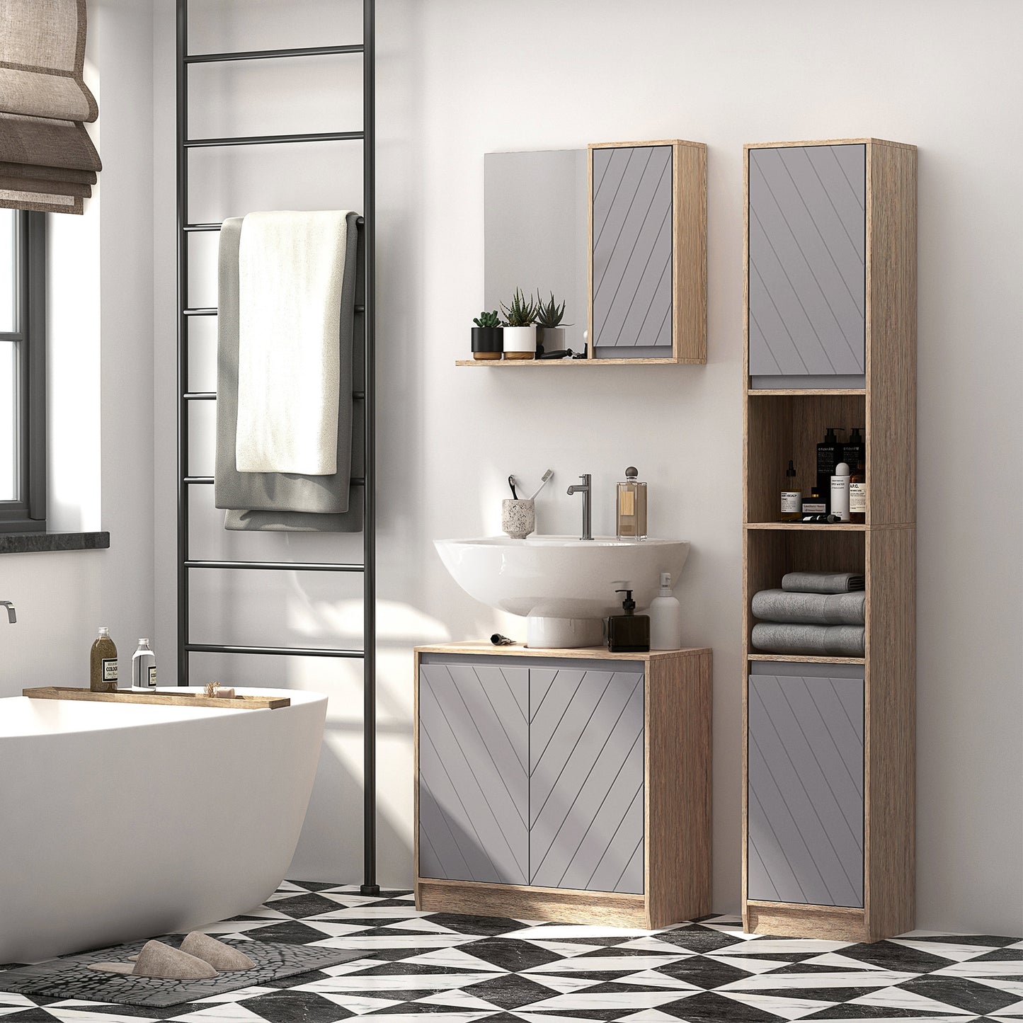 Movese Freestanding Under Sink Storage Cupboard With Adjustable Shelving Grey