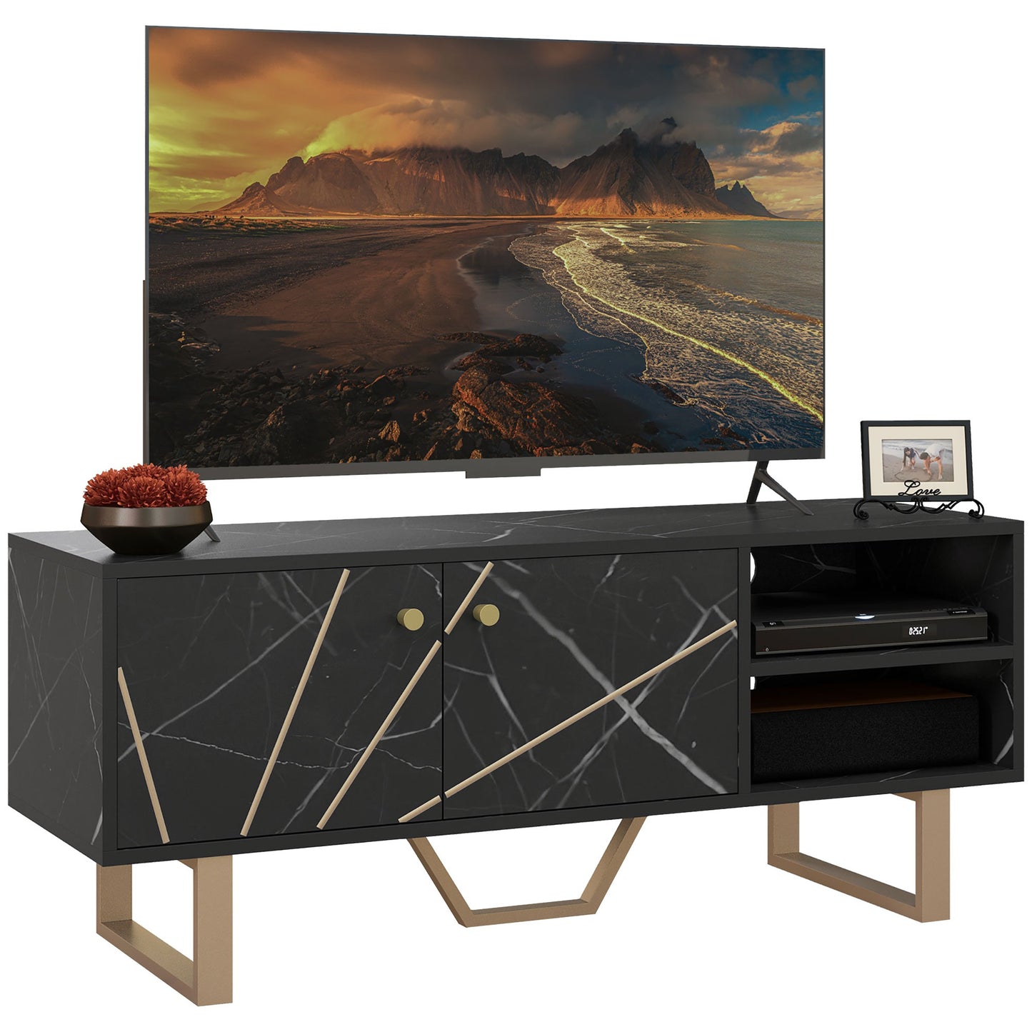 Vinika 110cm Wooden Black Marble Effect TV Console With Shelves And Storage For Screens Up To 50 Inches