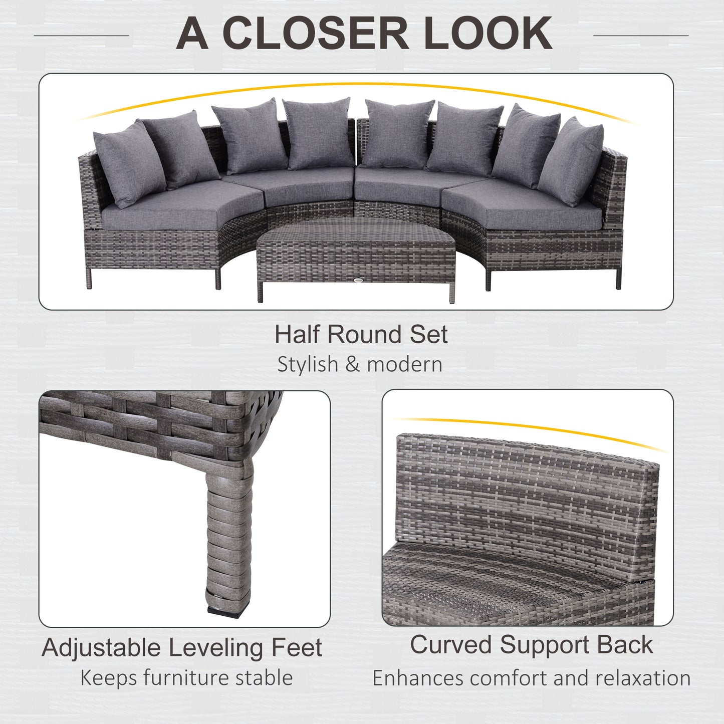 Reka Rattan Grey 5 Seater Half Round Outdoor Sofa Set With Coffee Table