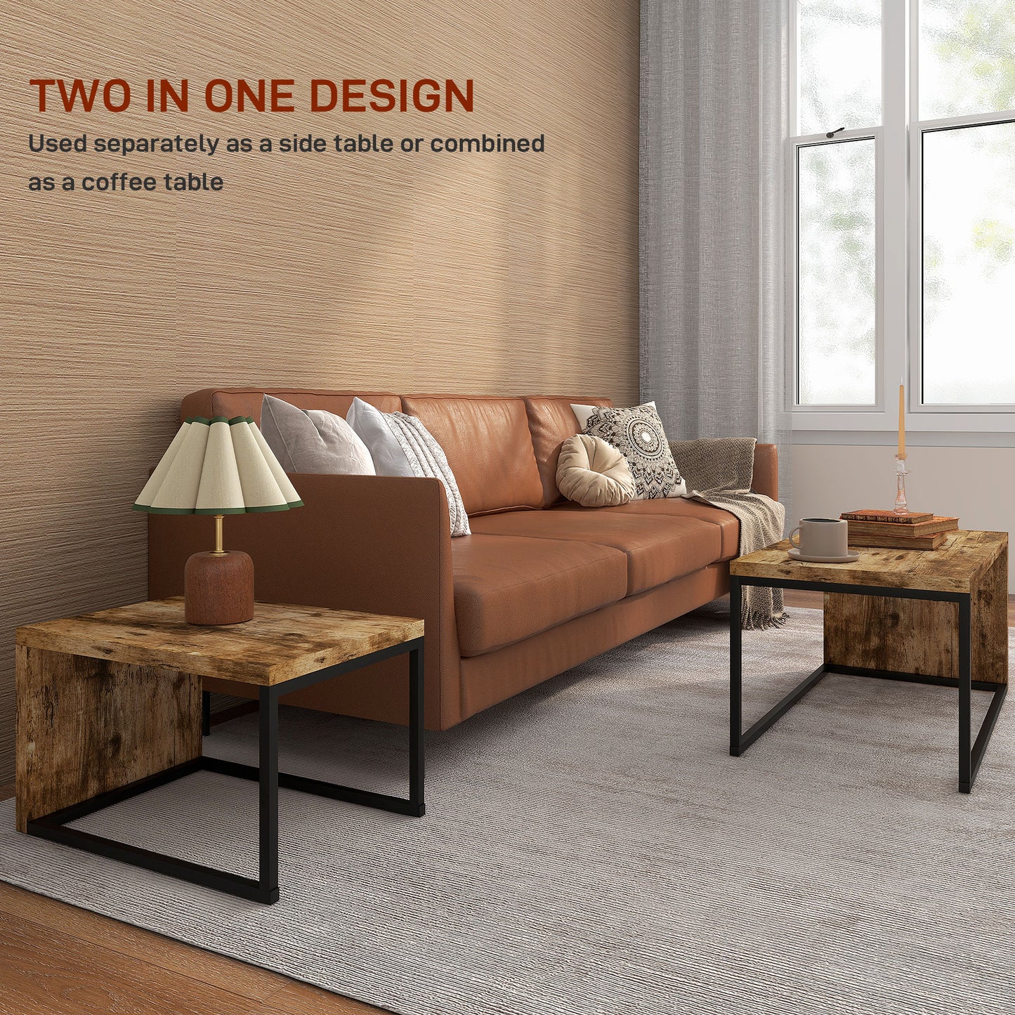 Lirare Set Of 2 Industrial Nesting Side Tables Metal And Wood Rustic Brown