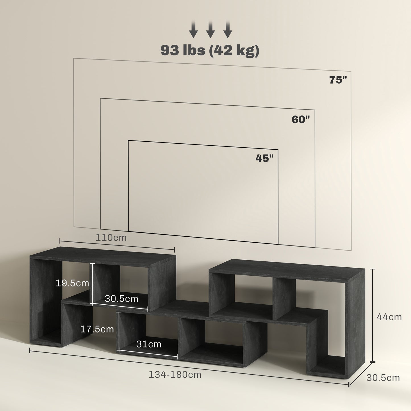 Tota 134cm Black Wood Effect 3 Block Modular TV Stand