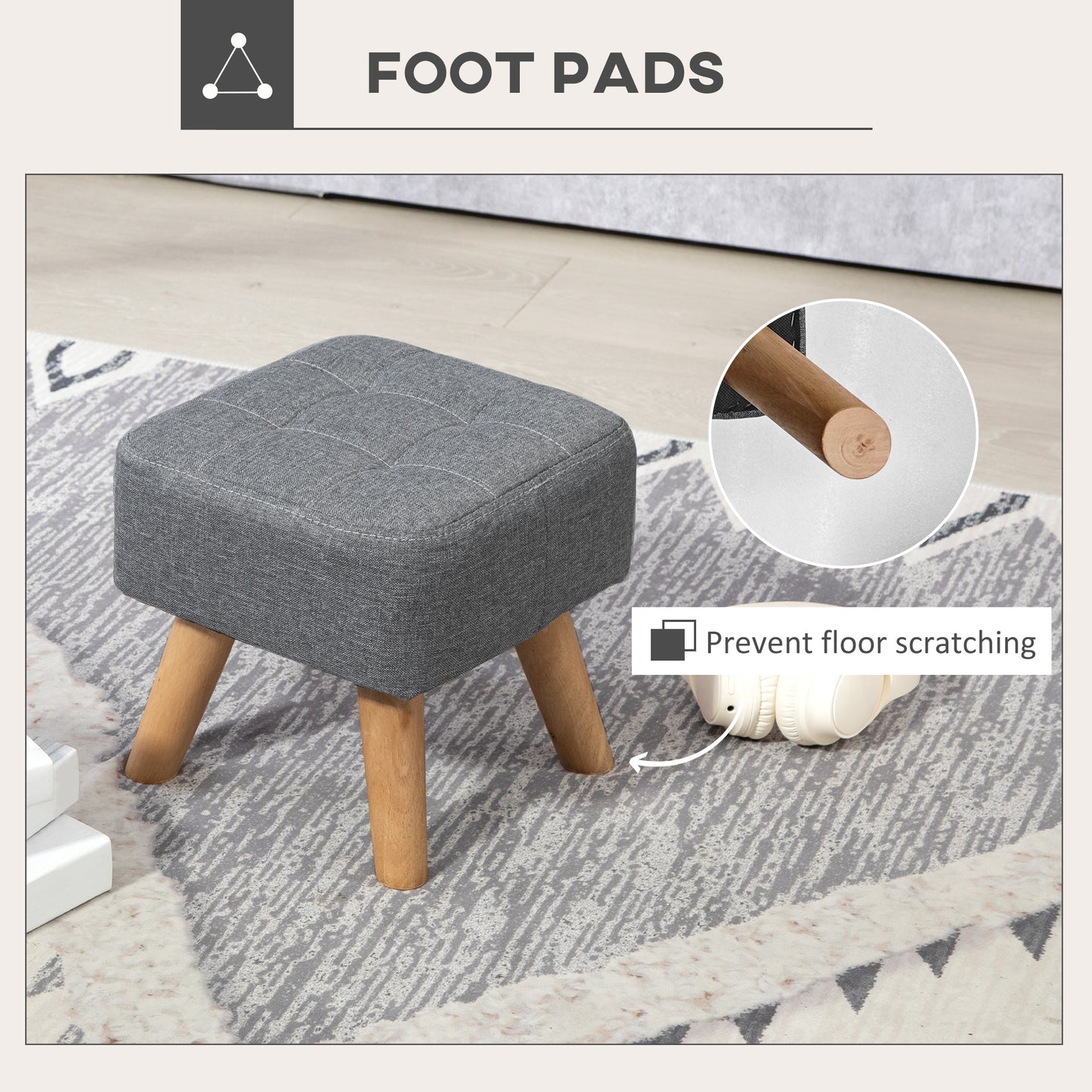 Sayo Linen Look Light Grey Square Padded Footstool Tufted Diamond