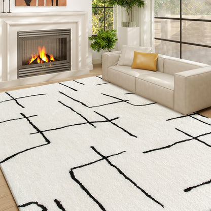 Soelvi White and Black Fluffy High Pile Geometric Rug 170 x 120cm