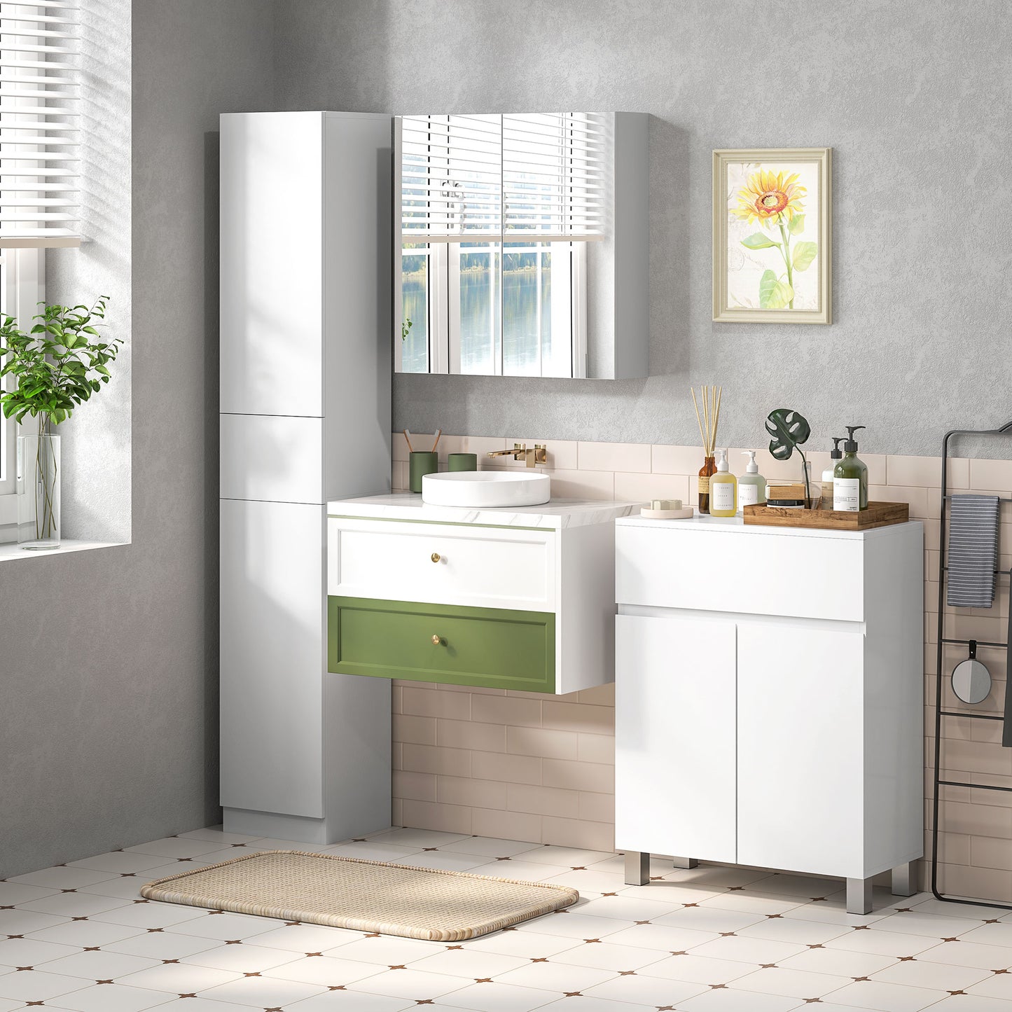 Elluno Maso High Gloss White Tall Bathroom Storage Cabinet With Push To OFauxn Door