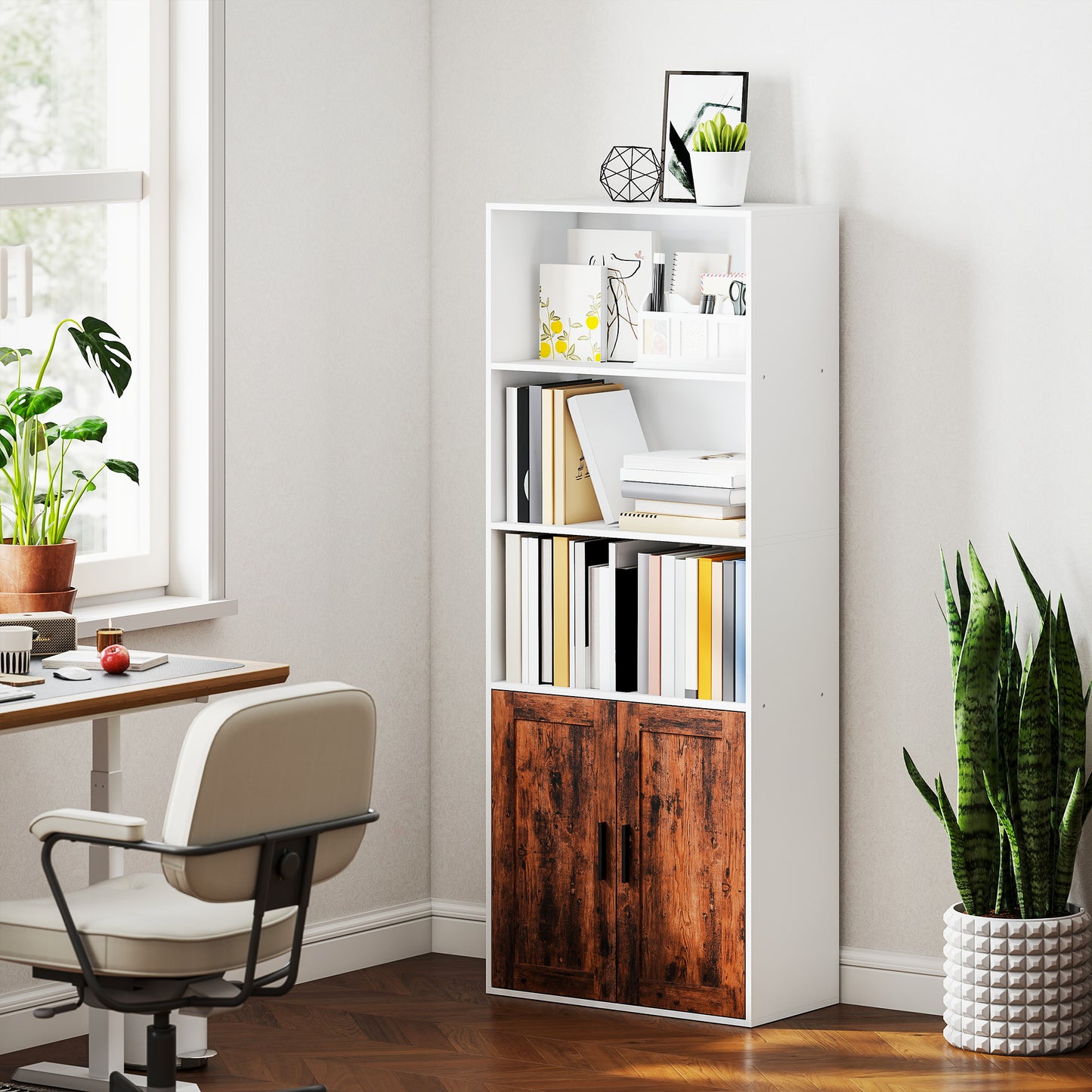 Selofi Wood Rustic Brown 5 Tier Bookcase With Adjustable Shelving