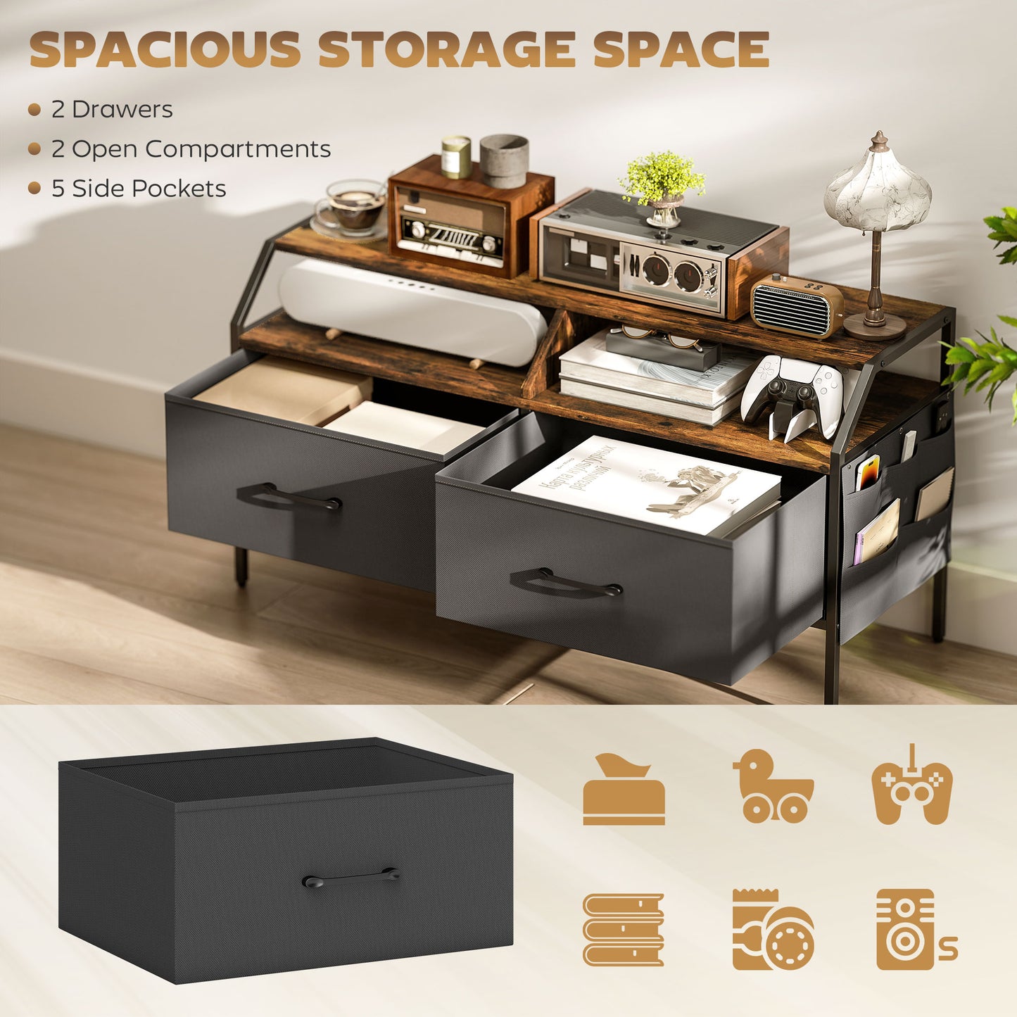 Avamira Small 98cm Black and Brown TV Stand With Foldable Drawers for TV's up to 55 Inches