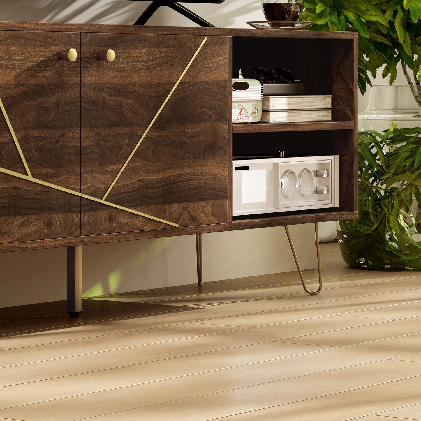 Lurali 130cm Wooden Brown TV Cabinet 2 Doors and Shelf Gold Hairpin Legs For Screens Up To 60 Inches
