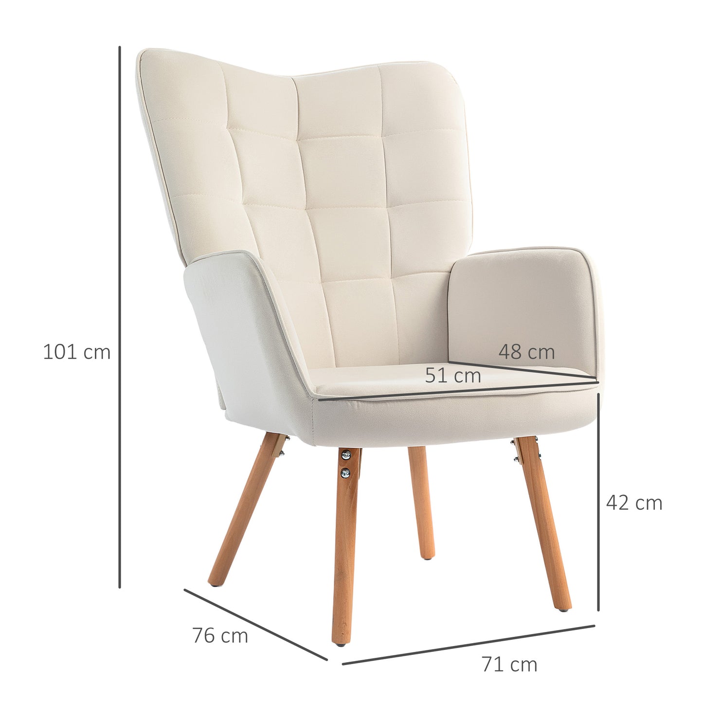 Haseto Velvet Cream White Wingback Accent Chairs Set Of 2 With Tufted Back And Wooden Legs