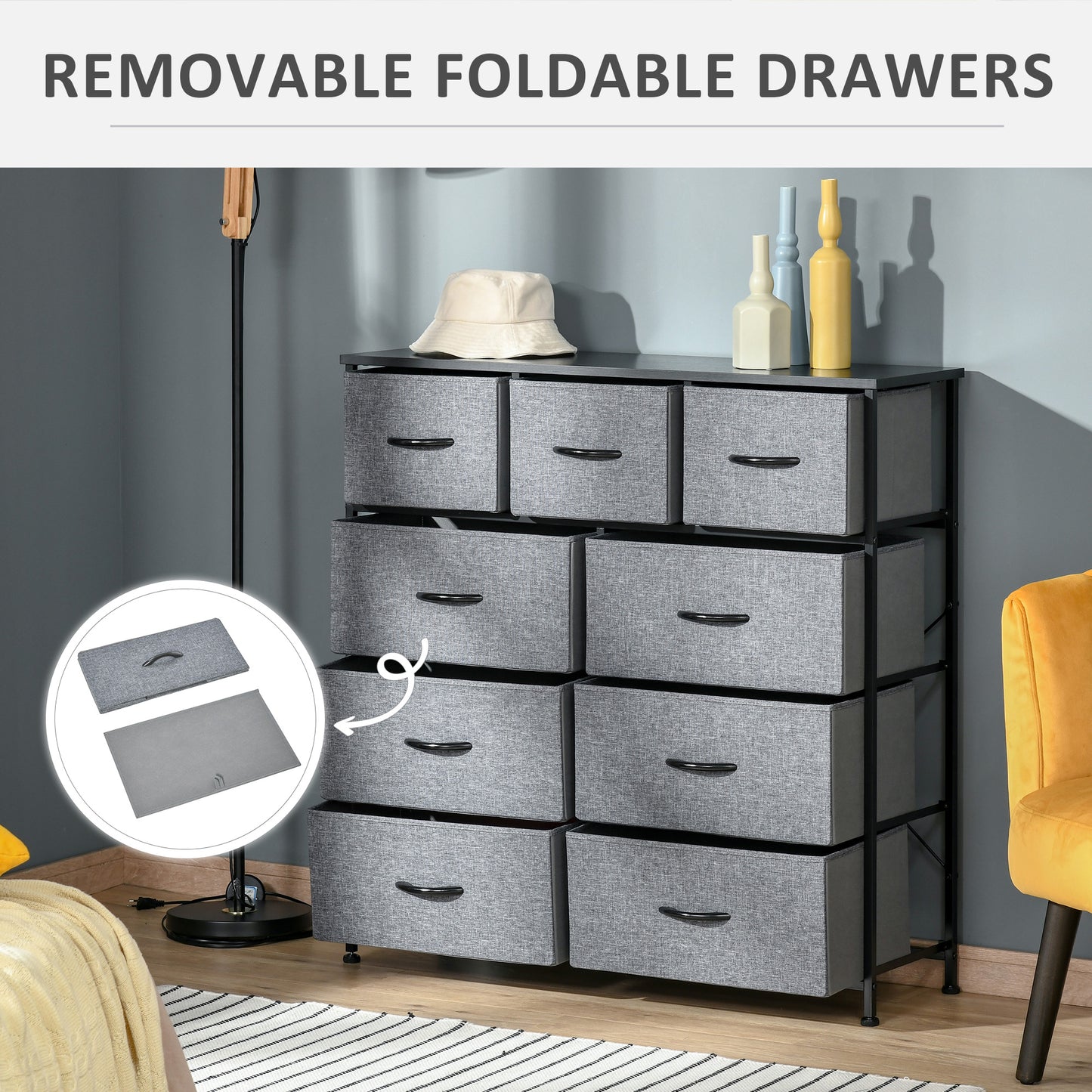 Molisa Metal And Fabric Grey 9 Fabric Drawers Storage Dresser