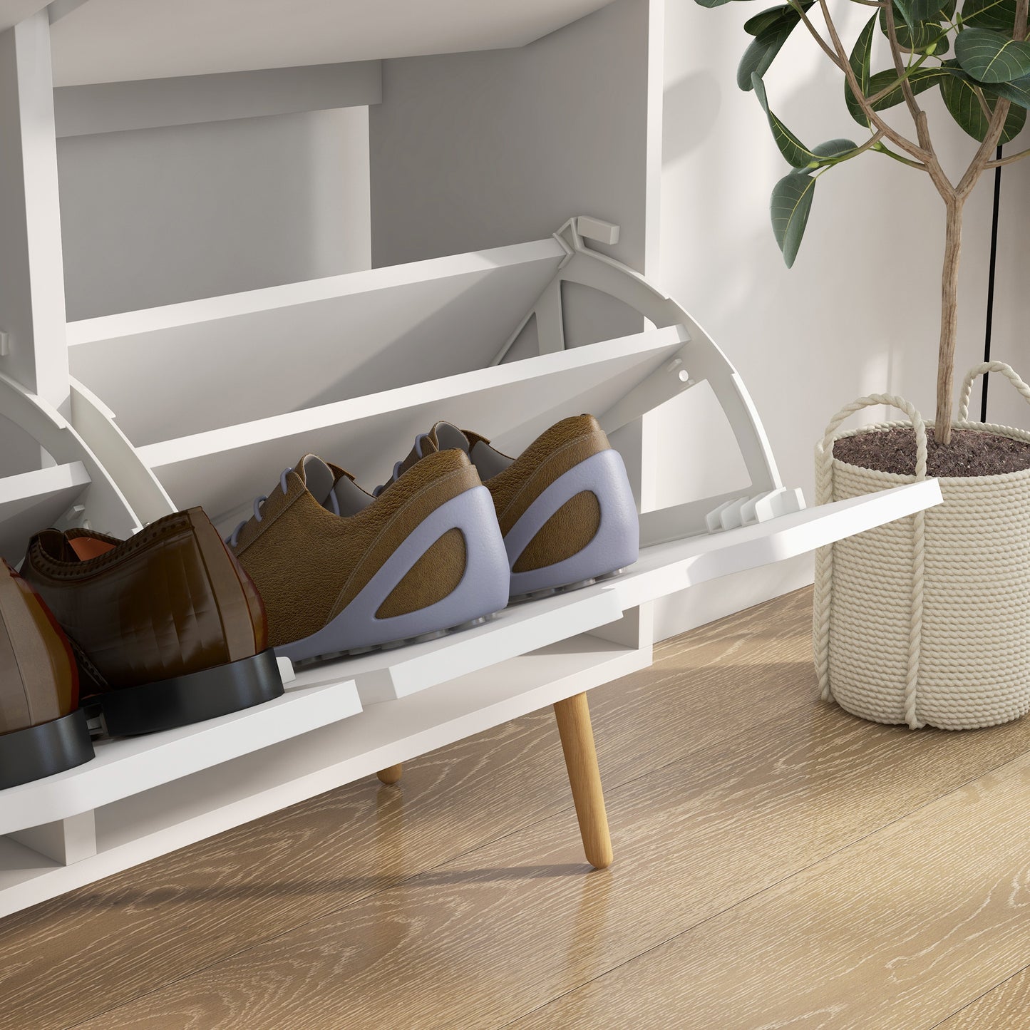 Toyo Wooden White Shoe Cabinet With 4 Flip Drawers for 16 Pairs