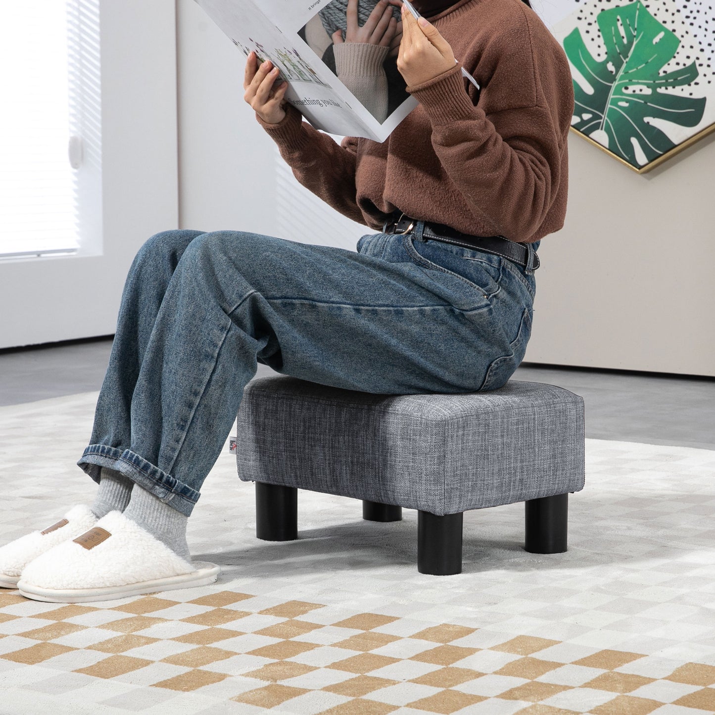 Nekael Linen Grey Cube Footstool With 4 Plastic Feet