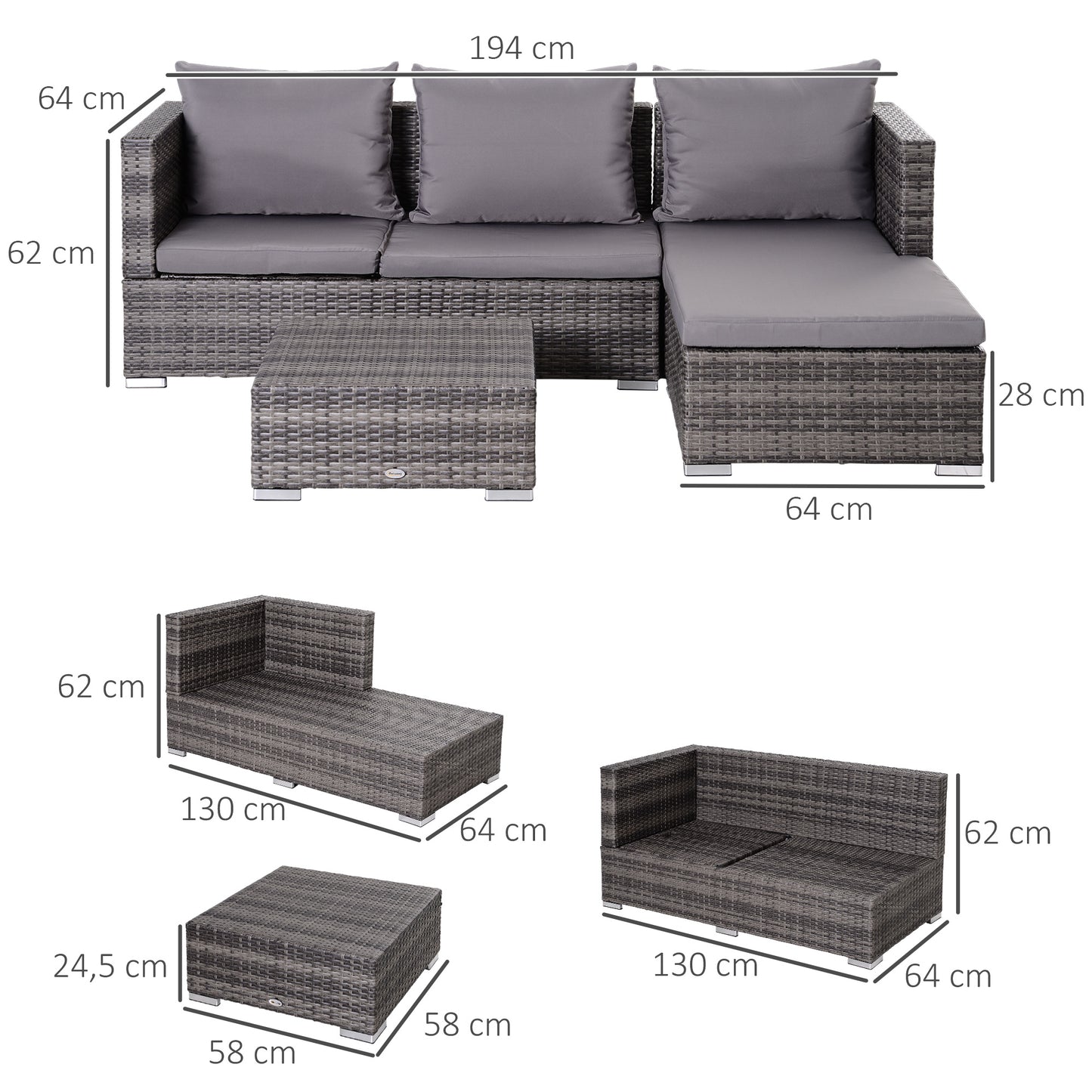Sevafa Rattan Grey L Shaped Outdoor Corner Sofa And Coffee Table Set With Cushions