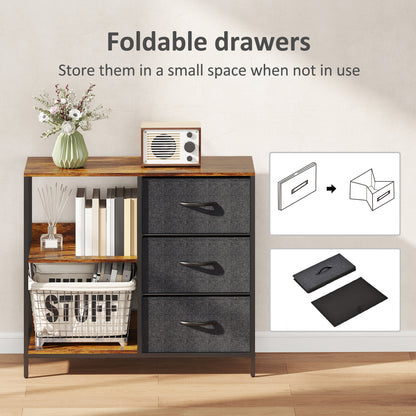 Disabapa Fabric And Wood Black Storage Chest With 3 Drawers And 2 Display Shelves