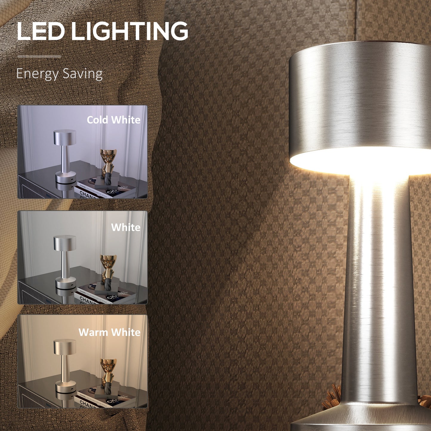 Dova Metal Silver Cordless Touch LED Table Lamp With Rechargeable Battery And 3 Colour Modes