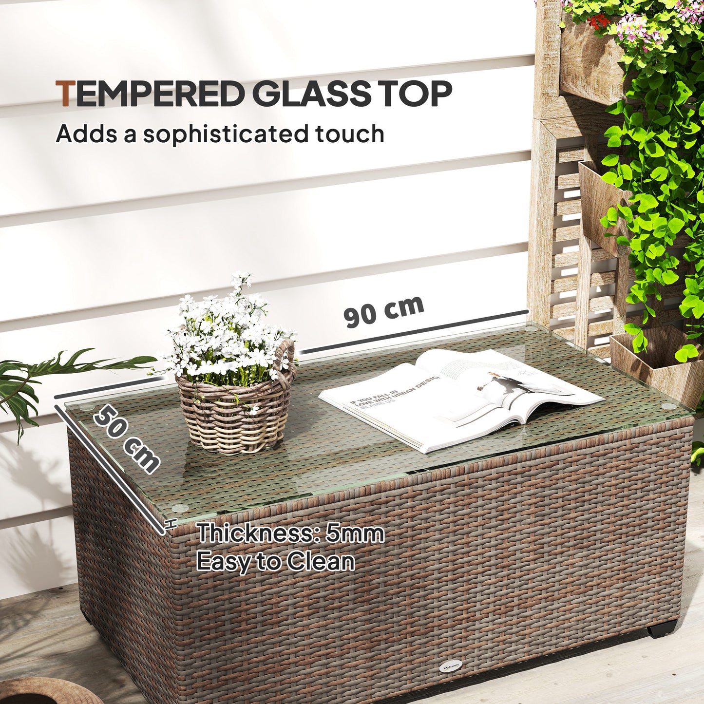 Pata Rattan Brown Rattan Outdoor Coffee Table Glass Top