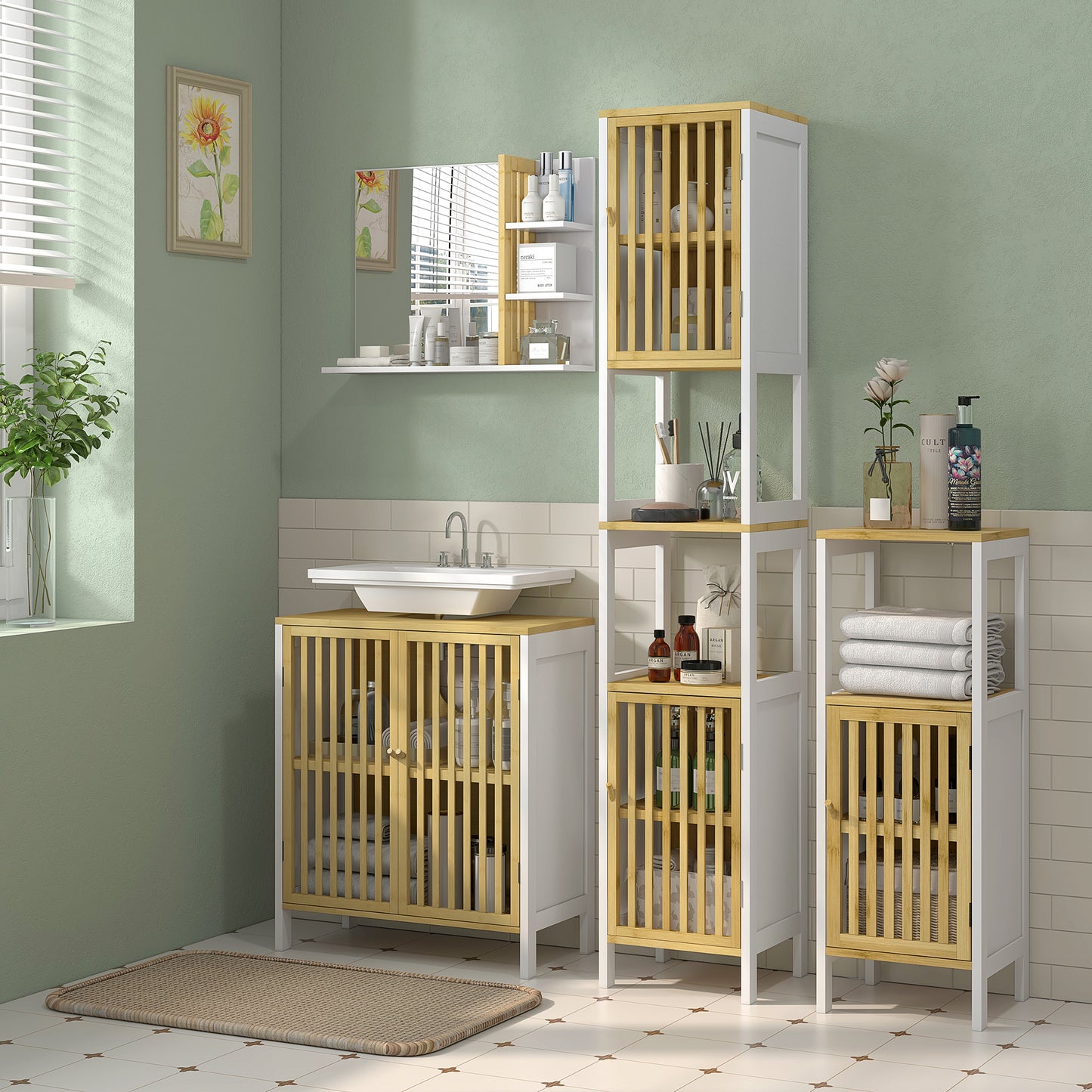 Liba Retro Bamboo Style Bathroom Storage Cabinet With Cut Out Detail