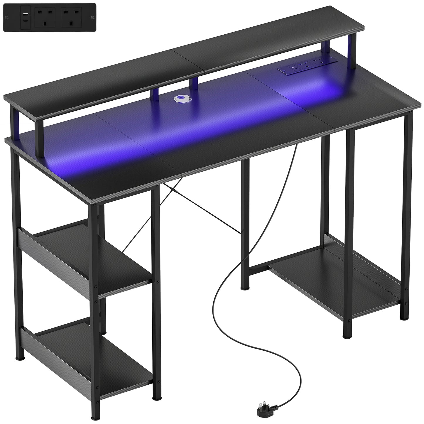 Sona 120cm Dark Grey Gaming Desk With Power Outlets And Storage Shelves