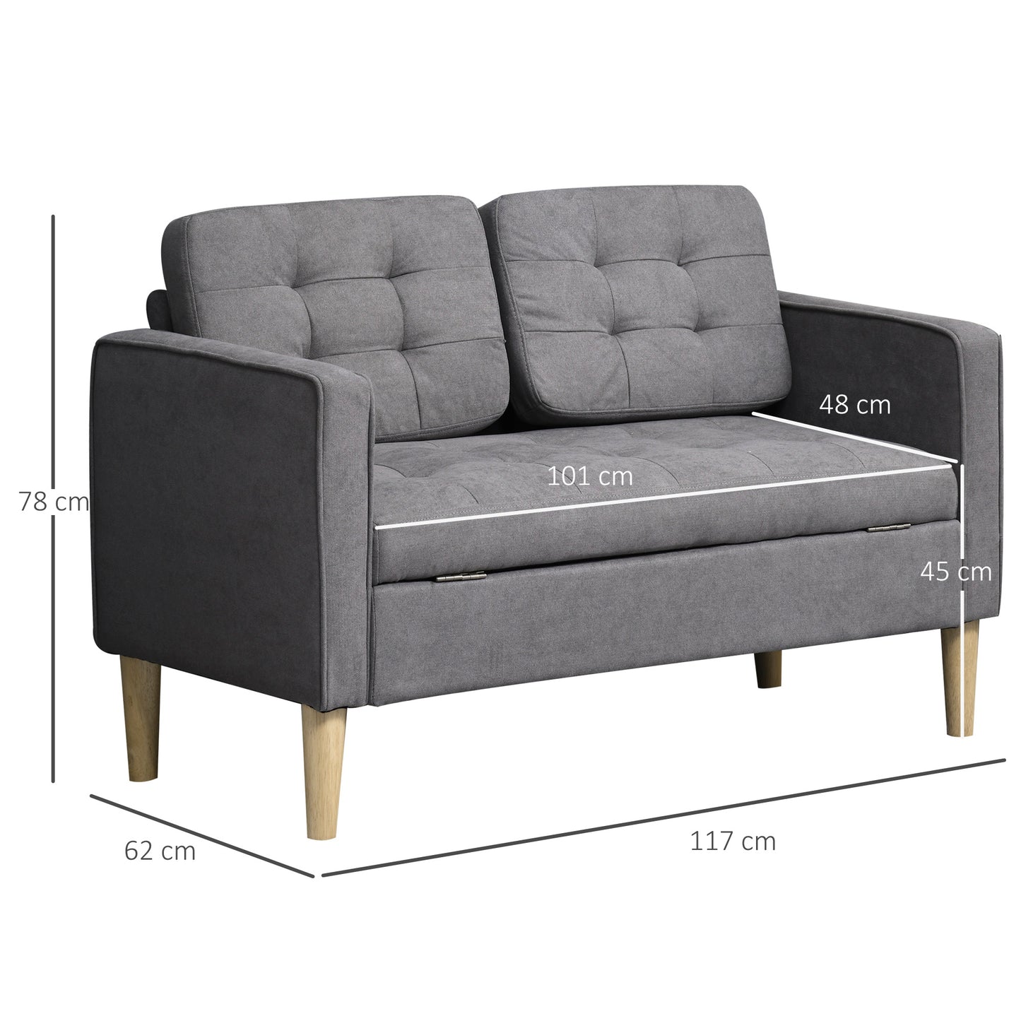 Labasu Fabric Grey 2 Seater Sofa With Hidden Storage Tufted Seat And Wooden Legs