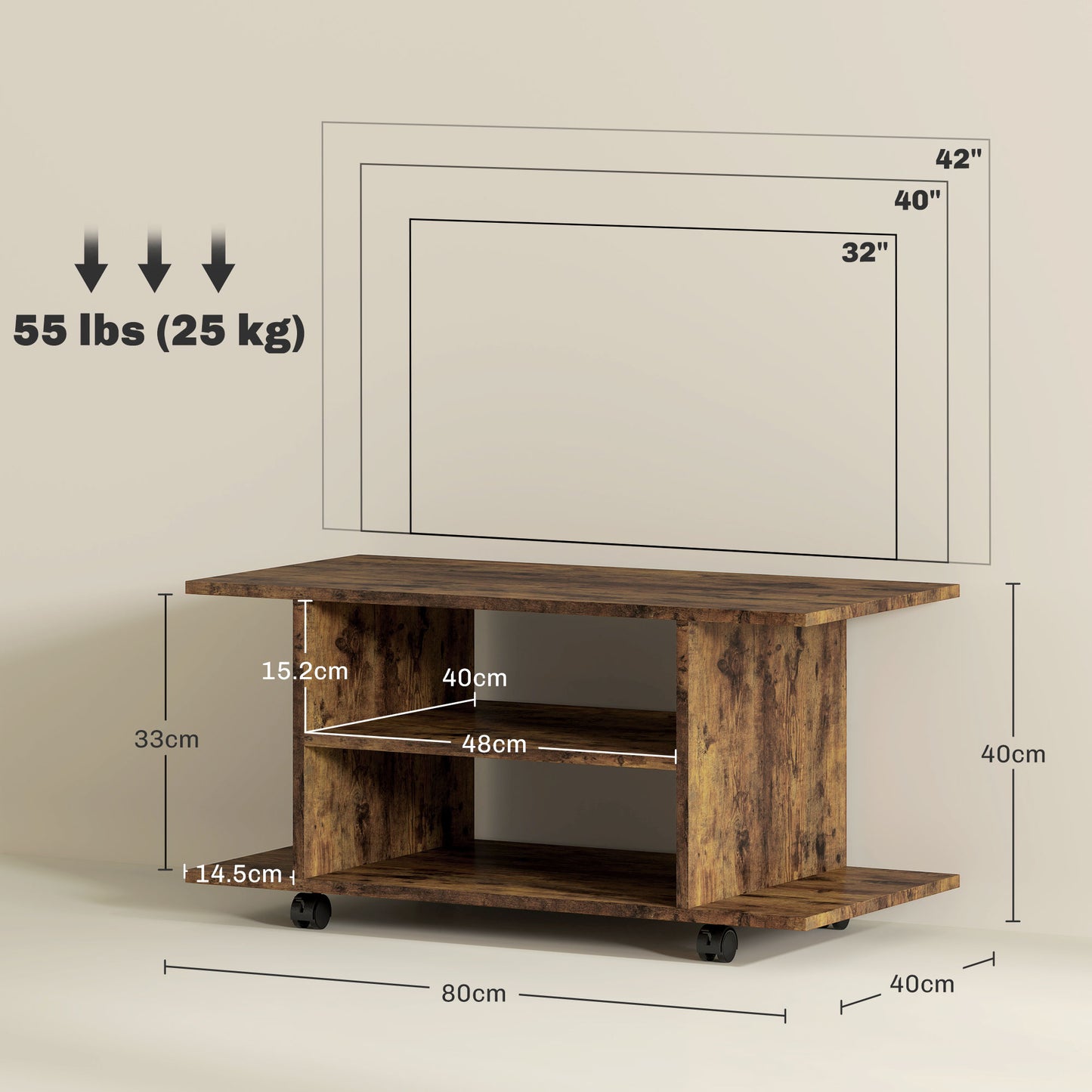 Rinael 80cm Wooden Rustic Brown Mobile TV Storage Unit With Shelves And Bookcase Style Design