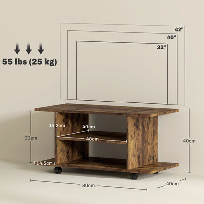 Rinael 80cm Wooden Rustic Brown Mobile TV Storage Unit With Shelves And Bookcase Style Design