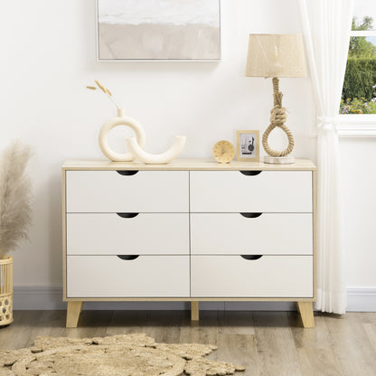 Valu Natural Wood and White Wide 6 Drawer Chest With Wooden Legs