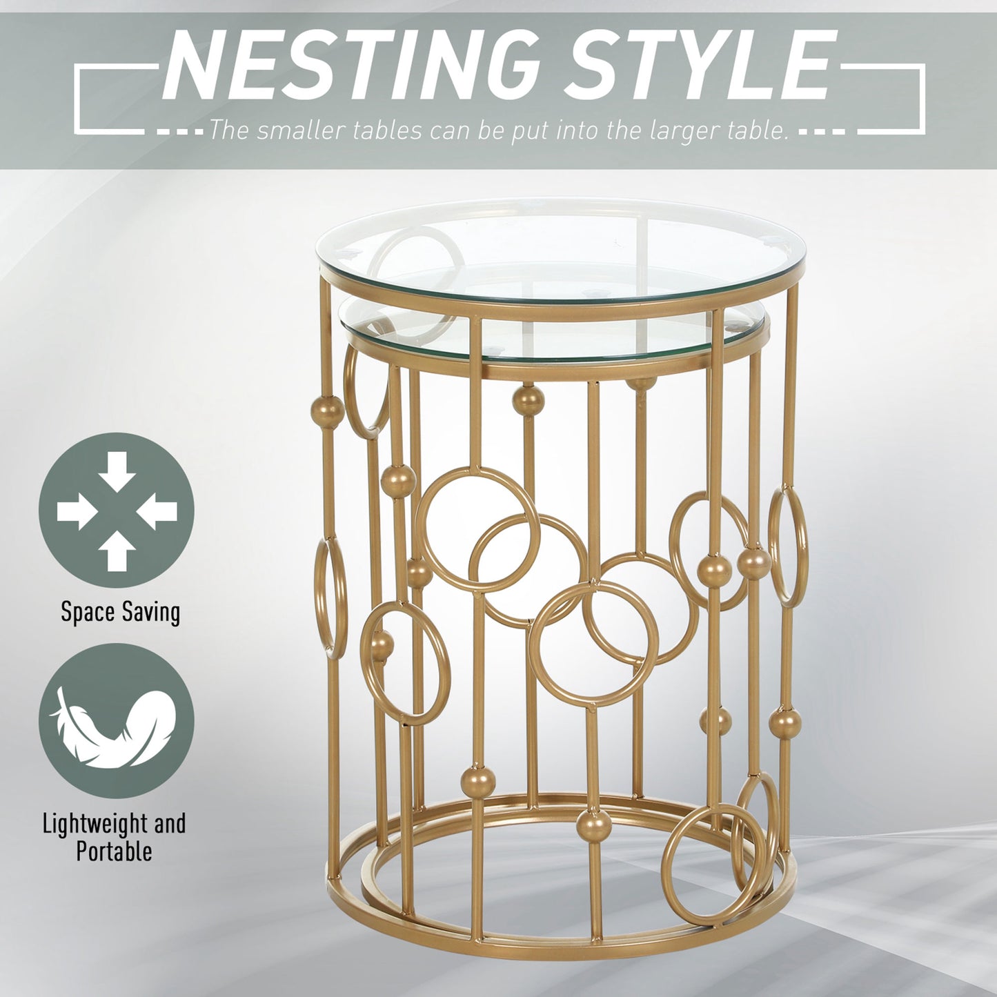 Basu Metal Gold and Glass Set Of 2 Round Nesting Coffee Tables