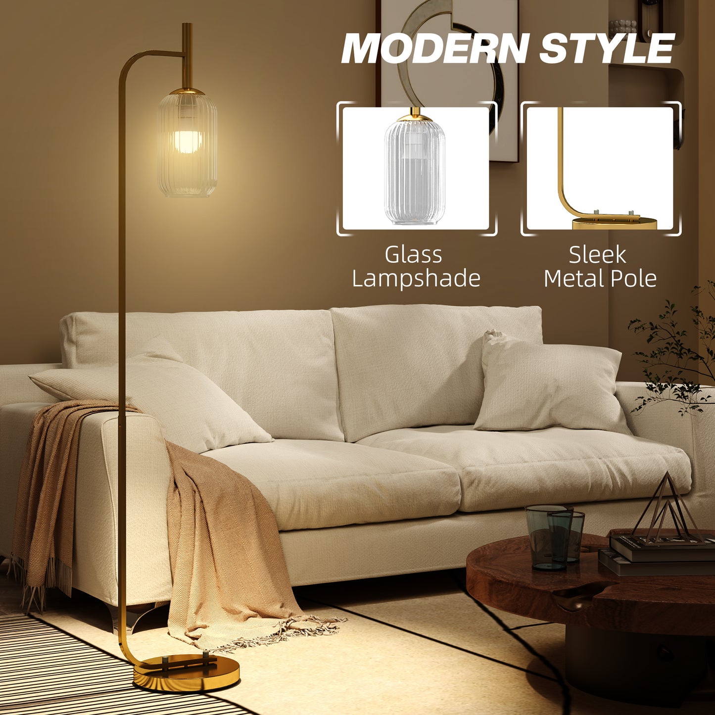 Lamittu Metal Gold Tone Floor Lamp With Glass Shade And Foot Switch