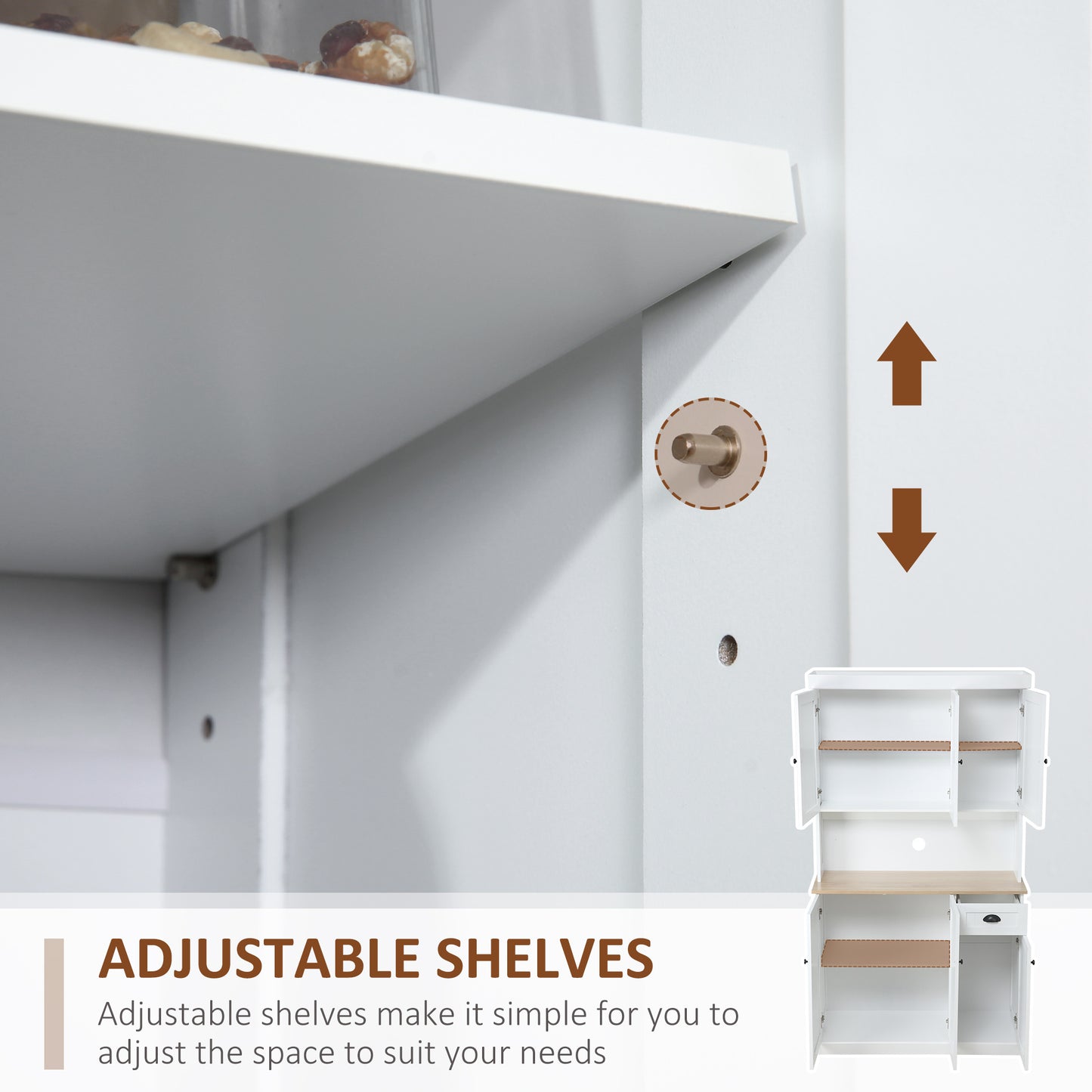 Moviel 180cm Tall Wooden White Kitchen Storage Cabinet With Open Counter Drawers And 6 Doors