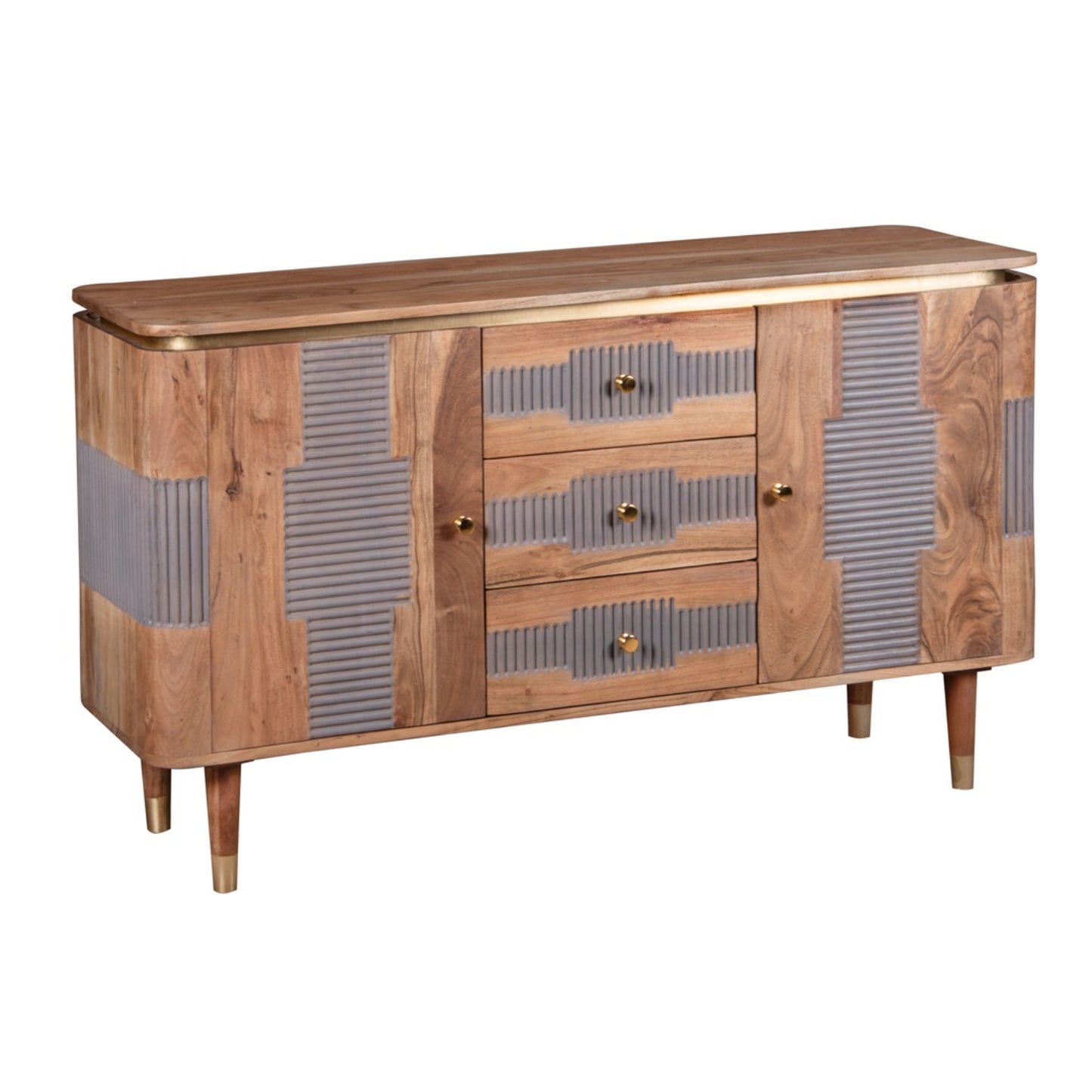 Idaho Natural Acacia Wood and Brass Sideboard with 3 Drawers and 2 Doors