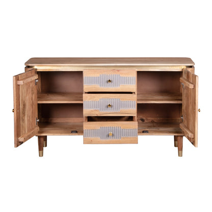 Idaho Natural Acacia Wood and Brass Sideboard with 3 Drawers and 2 Doors