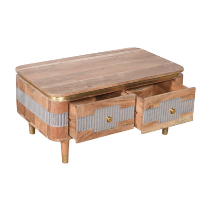 Idaho Natural Acacia Wood and Brass Coffee Table with 2 Drawers