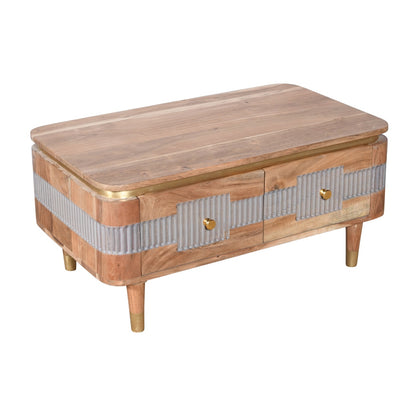 Idaho Natural Acacia Wood and Brass Coffee Table with 2 Drawers