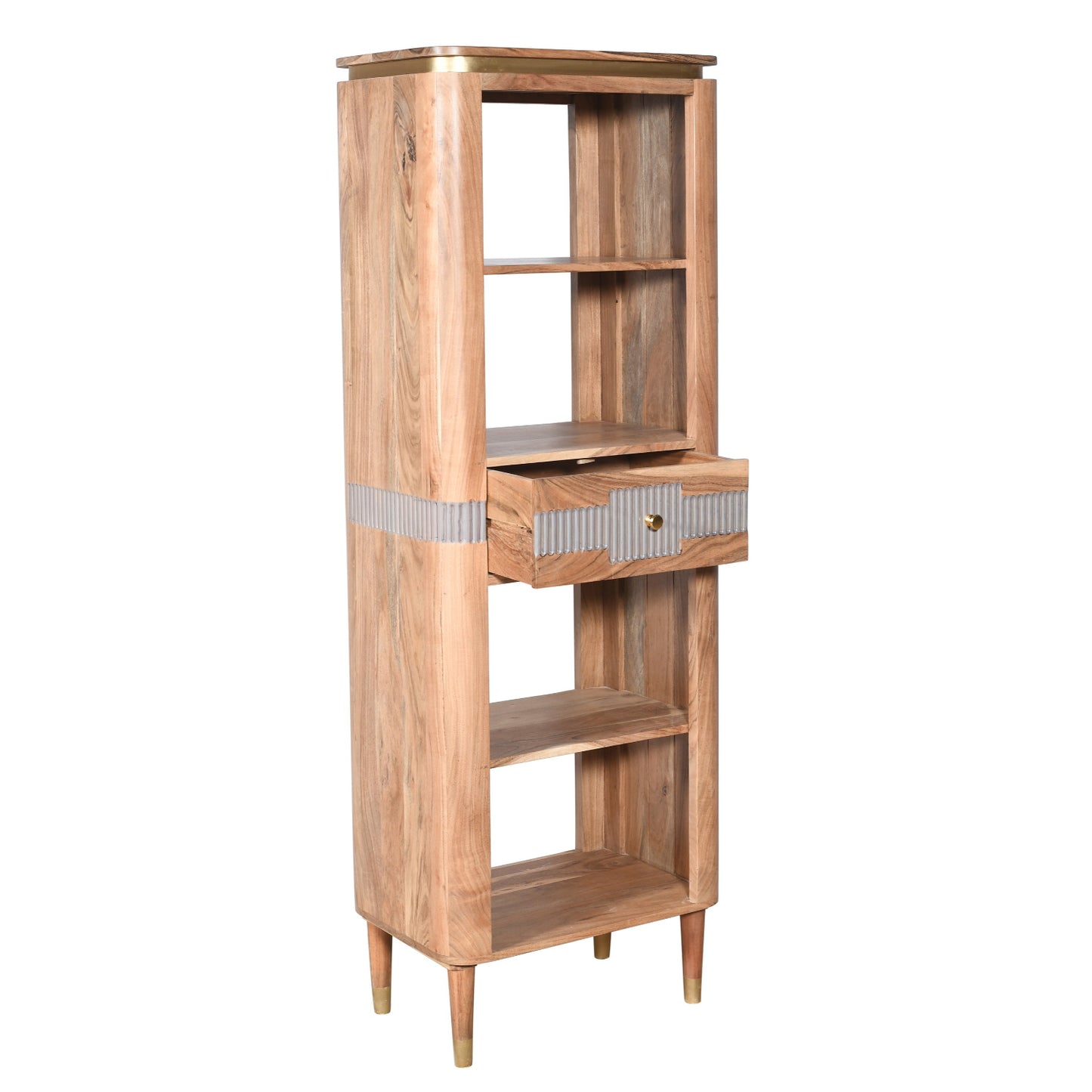 Idaho Acacia Mango Wood and Brass Slim Bookcase with 1 Drawer