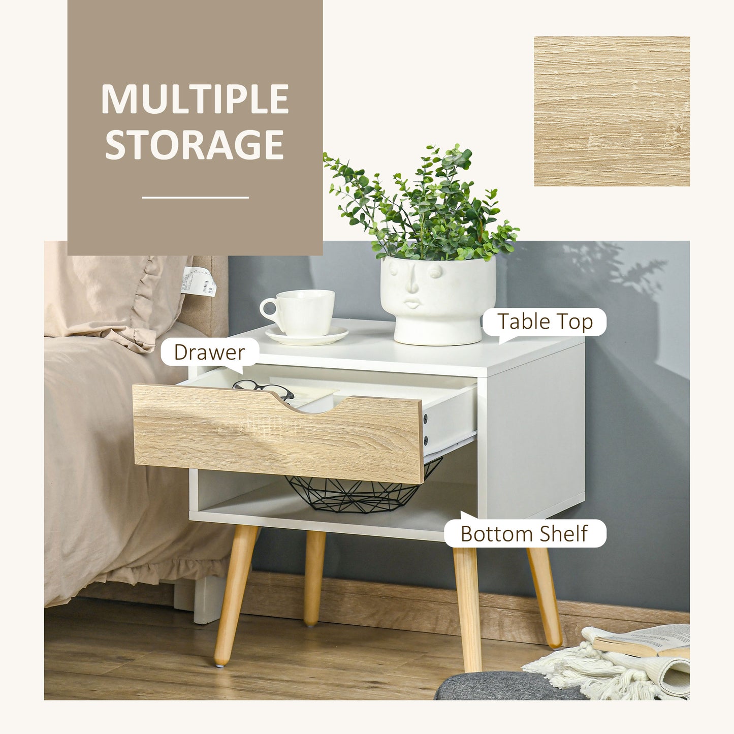 Leel Set Of 2 White and Natural Wood Bedside Tables With Drawer And Bottom Shelf