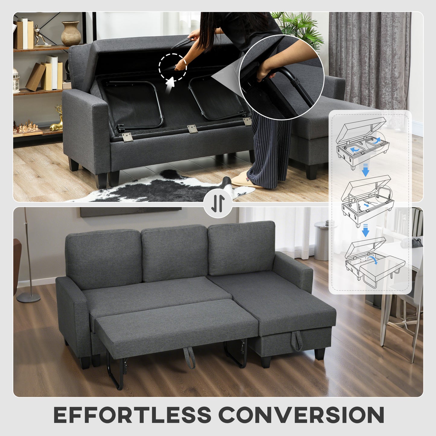 Lulo Dark Grey Fabric Upholstered 3 Seater Sofa Bed With Storage