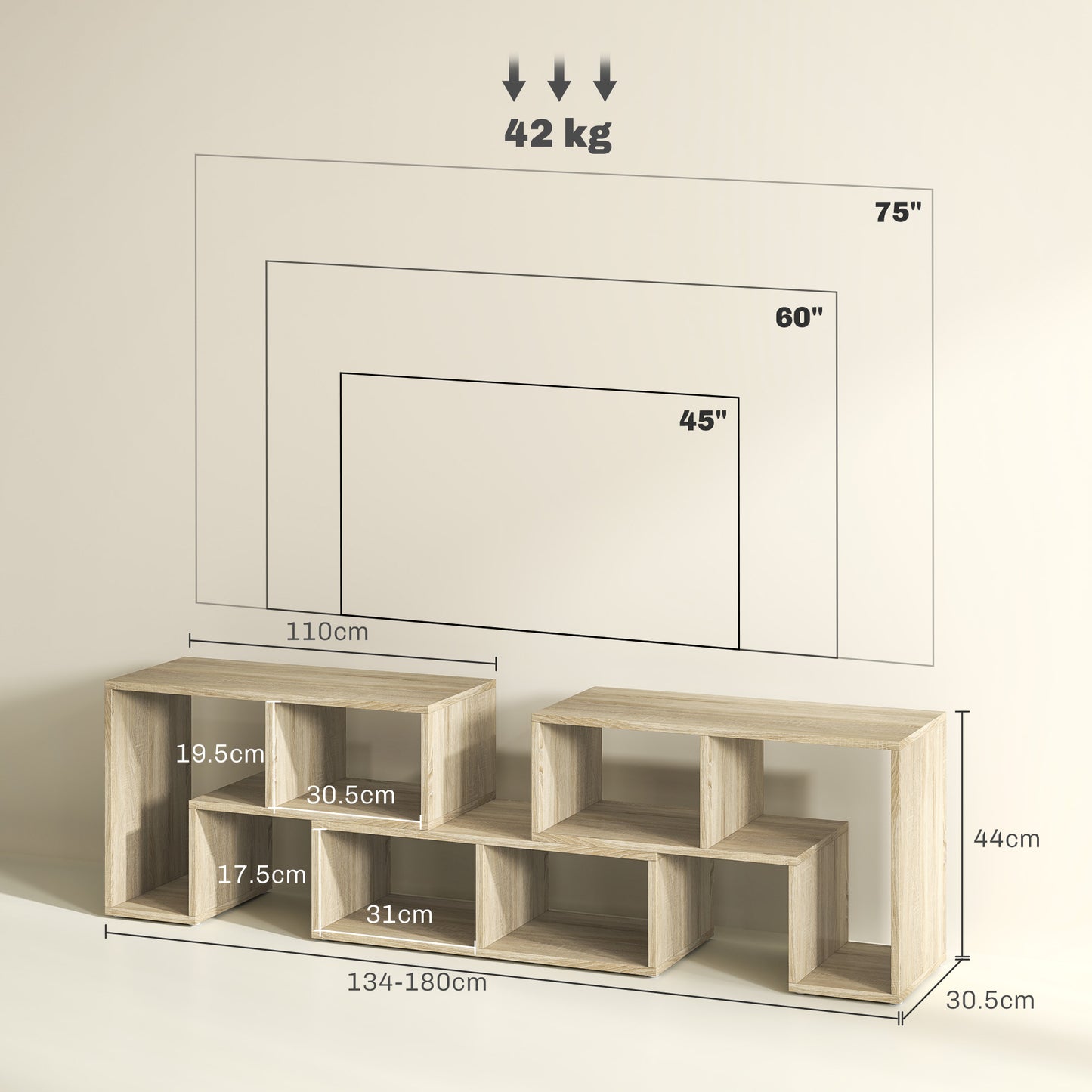 Tota 134cm Natural Wood Effect 3 Block Modular TV Stand