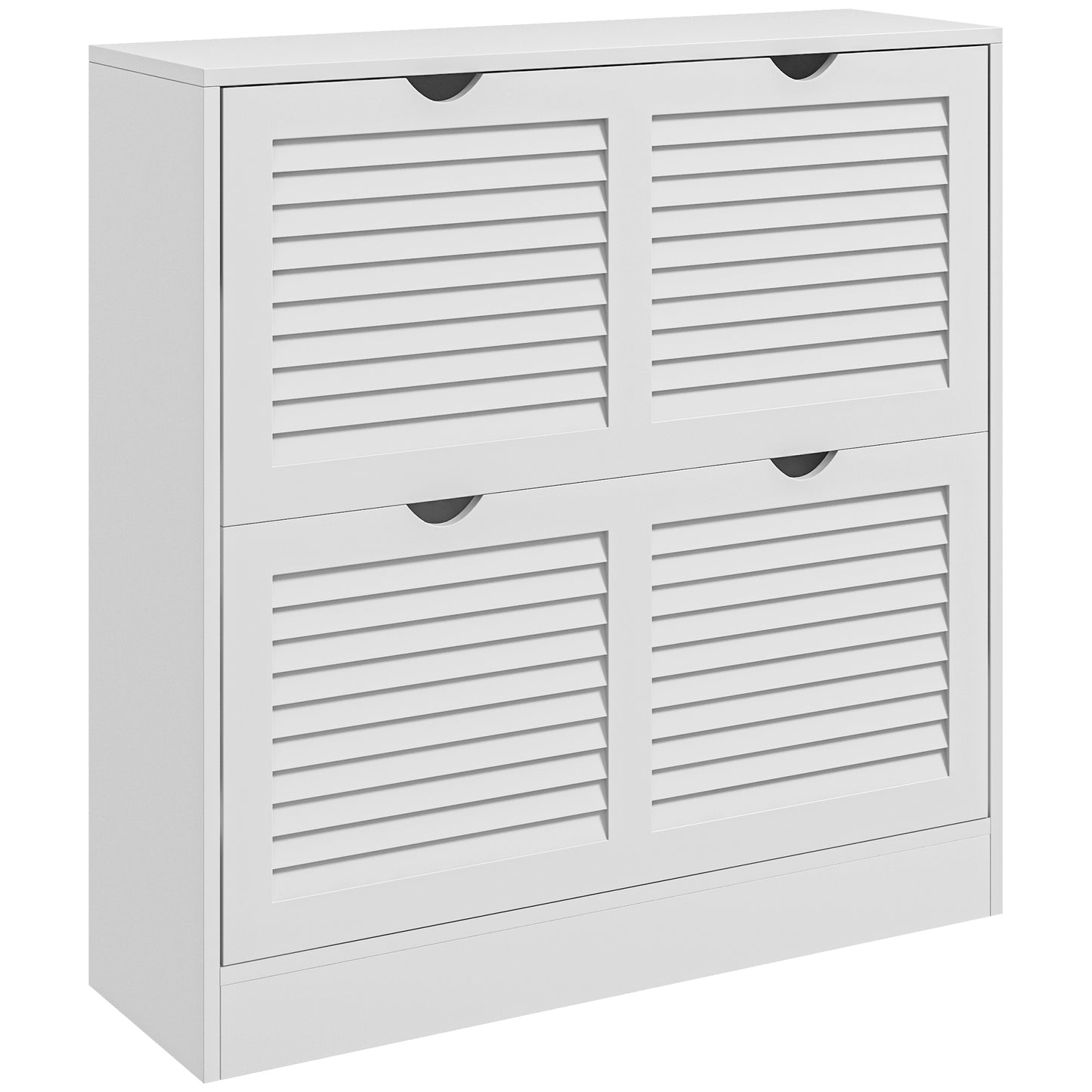 Nelu Neka Wooden White Slim Entryway Shoe Cabinet With 2 Flip Drawers Slatted Design