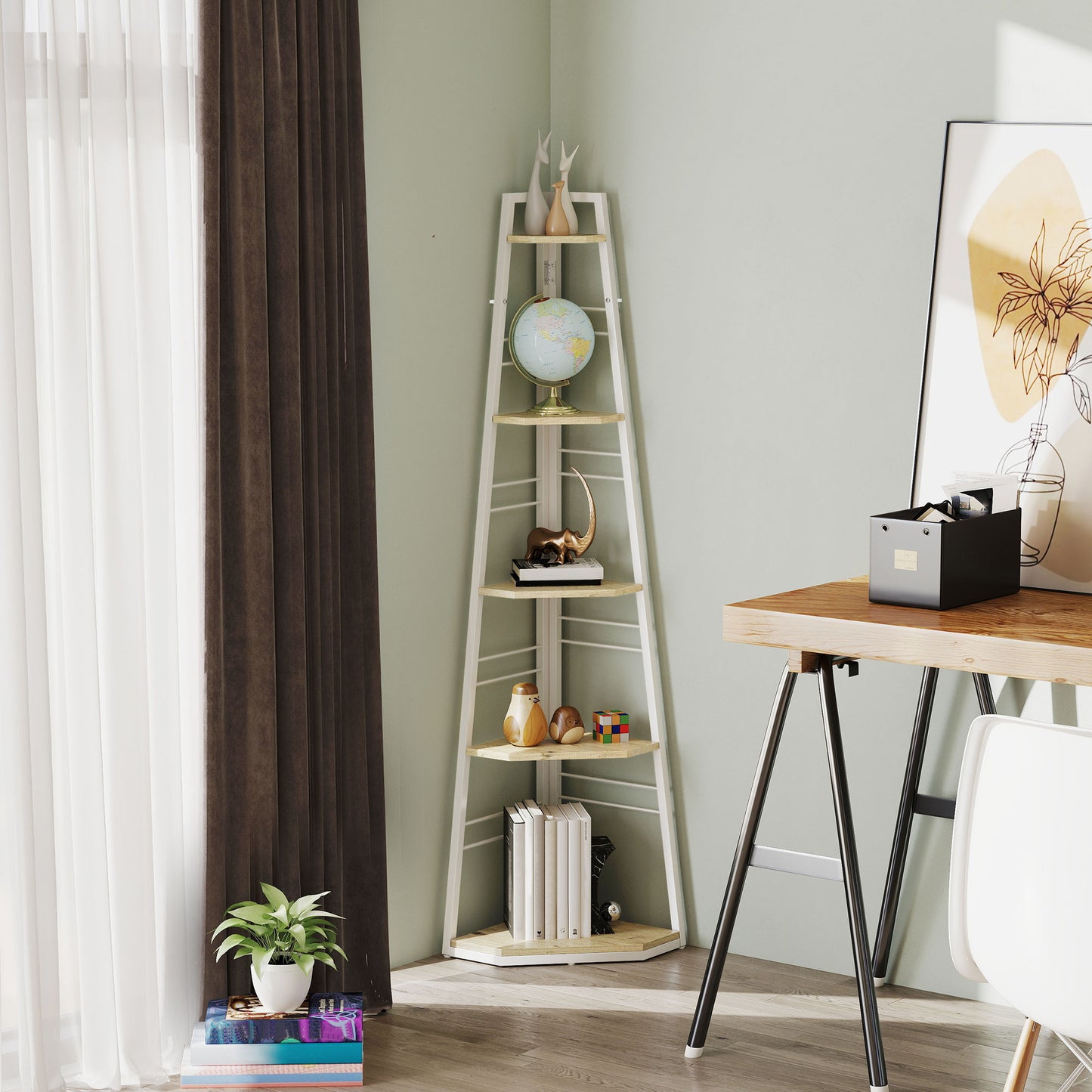 Hado Wood White And Wood Effect 5 Tier Corner Shelving Unit
