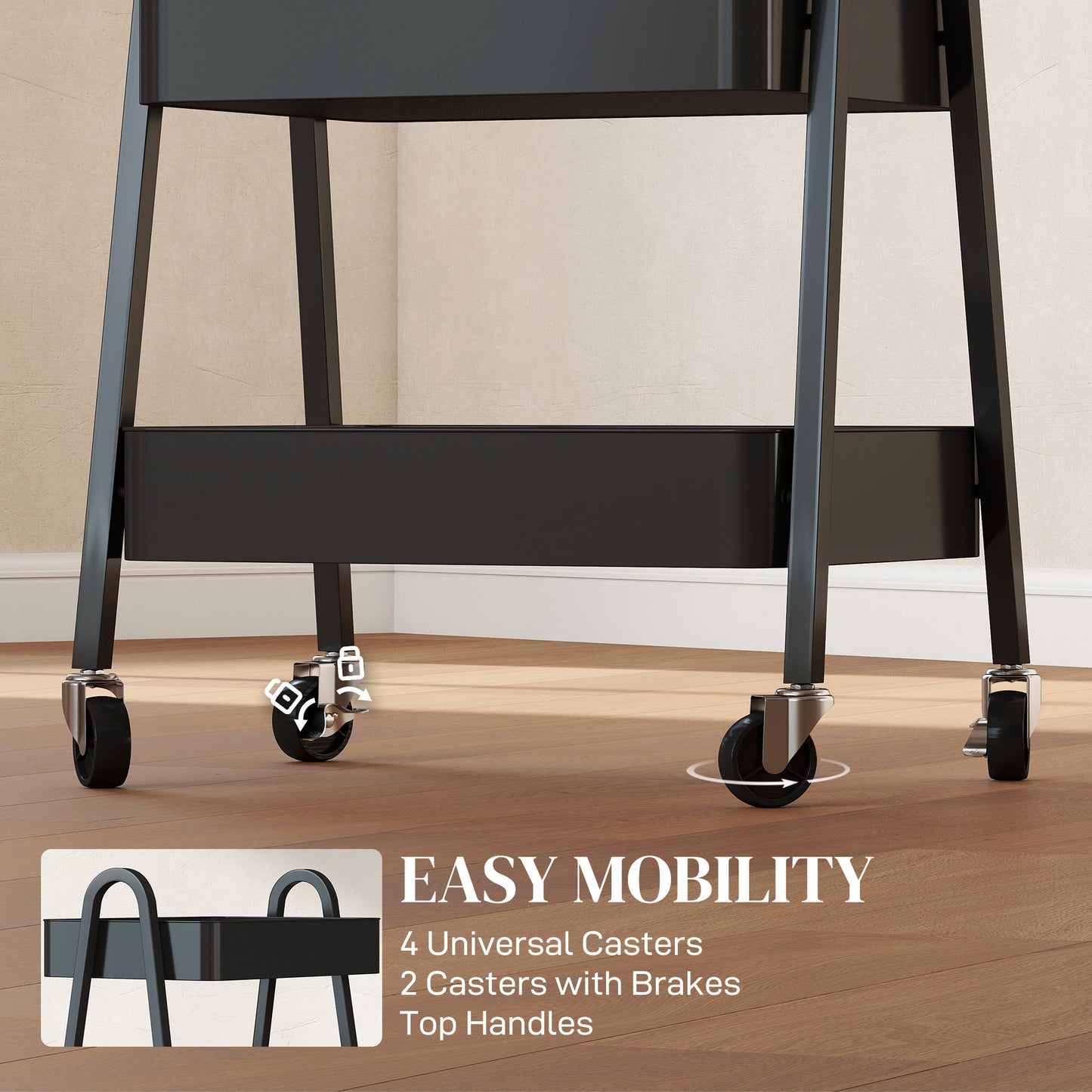 Fidovi Metal Black 3 Tier Storage Trolley With Wheels