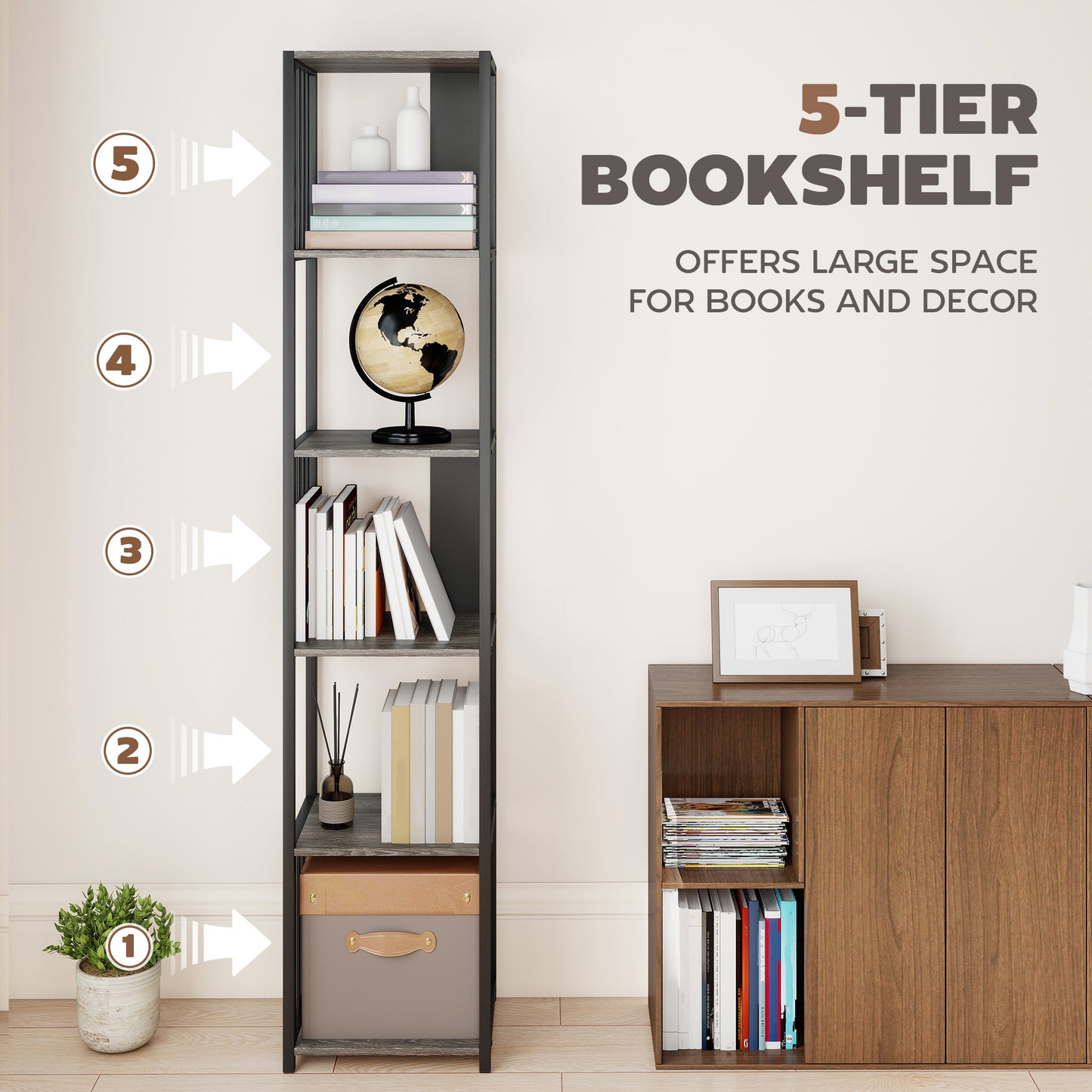 Reseka Metal And Wood Grey 5 Tier Bookshelf With Steel Frame