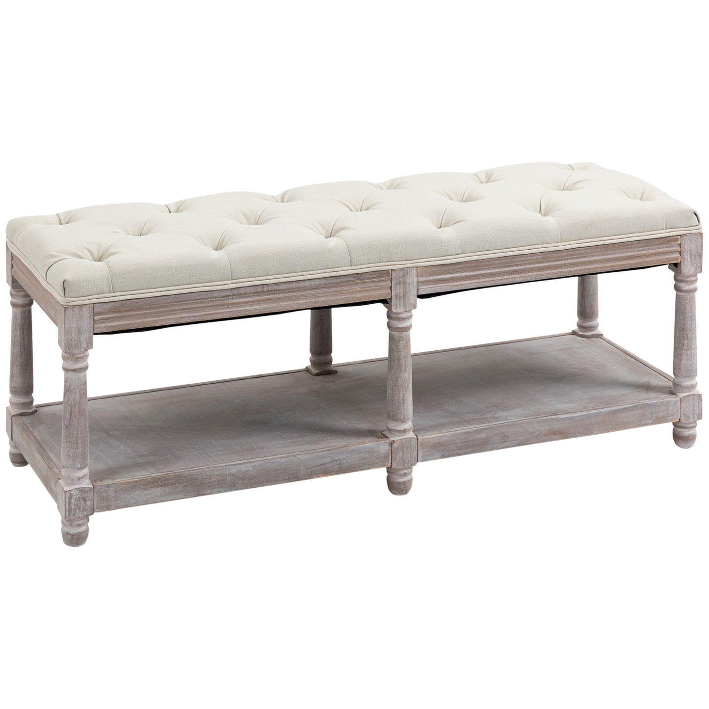 Lono Cream  2 Tier Vintage Style Bed End Bench With Storage Shelf Tufted Diamond
