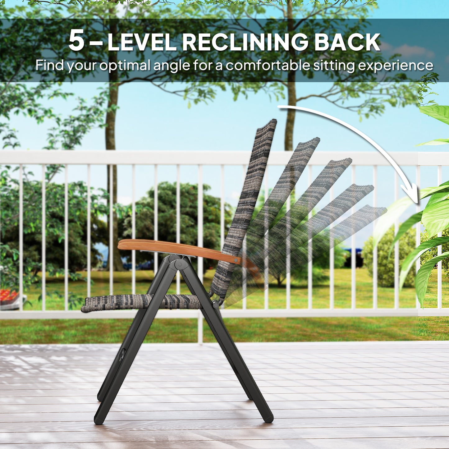 Paripa Rattan Mixed Grey Folding Garden Dining Chairs Set Of 2 With Adjustable High Back And Wood Armrests