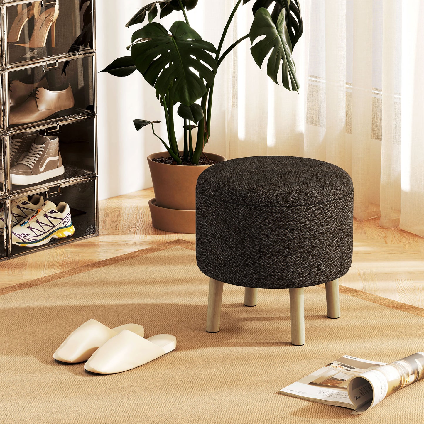 Roli Linen Look Dark Brown Round Storage Ottoman