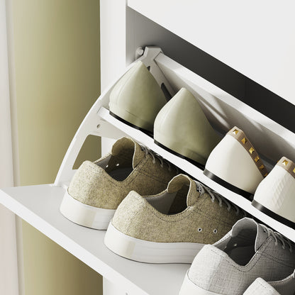 Rimi Wooden White and Natural 2 Drawer Shoe Cabinet Faux Leather Handles
