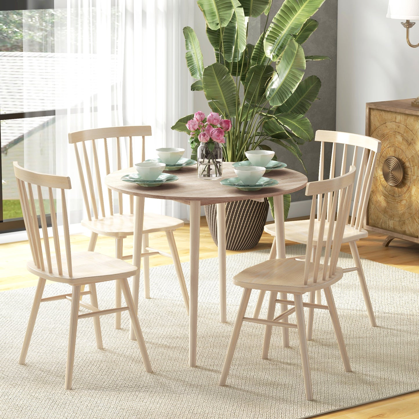 Levadifi Solid Wood Natural Round Folding Dining Table Seating 4 With TaFauxred Legs