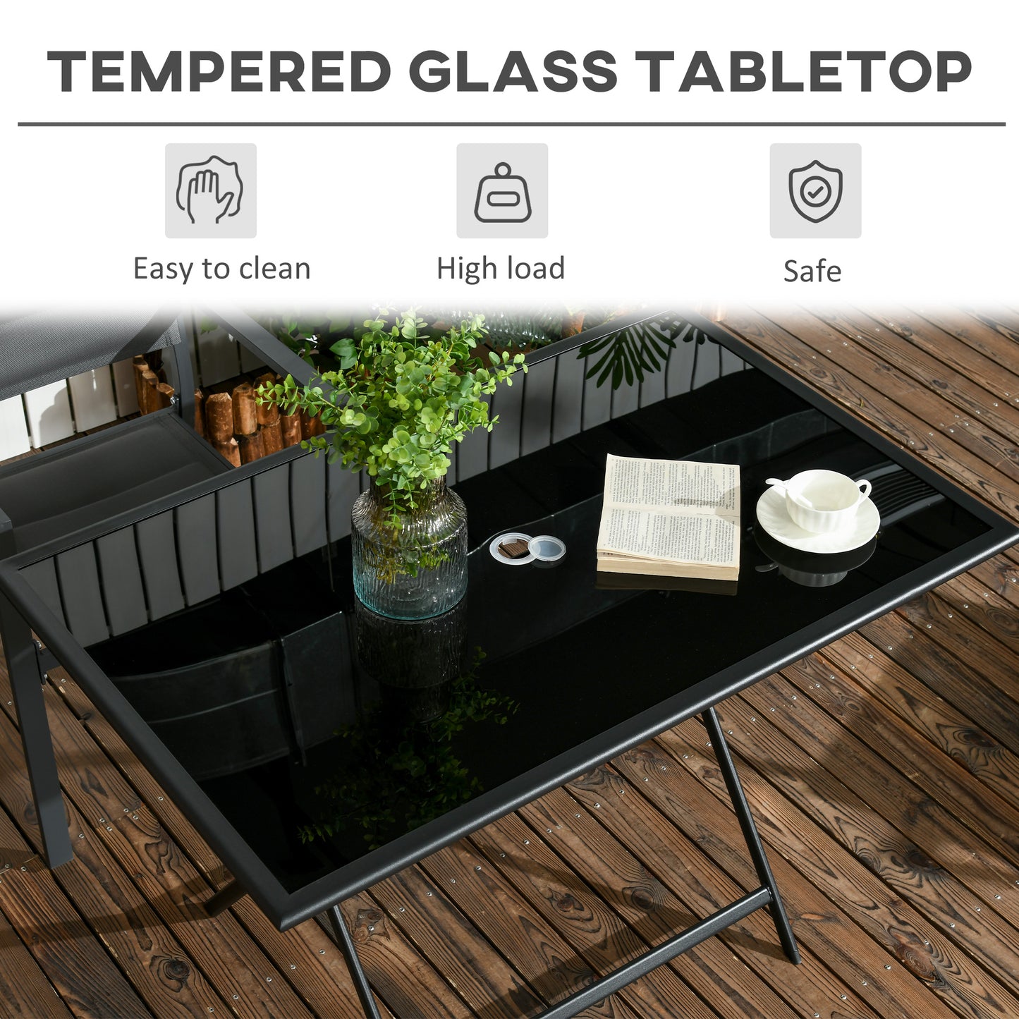 Nonila 110cm Black Steel And Glass Folding Outdoor Dining Table For 6